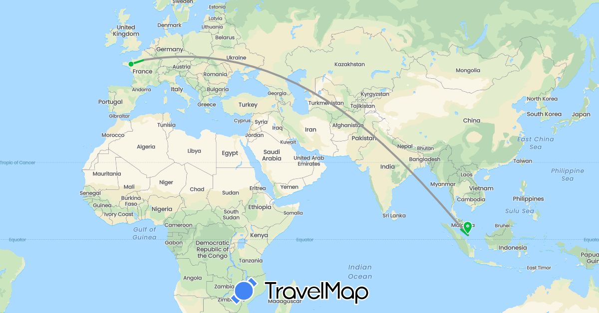 TravelMap itinerary: driving, bus, plane in France, India, Malaysia, Singapore (Asia, Europe)
